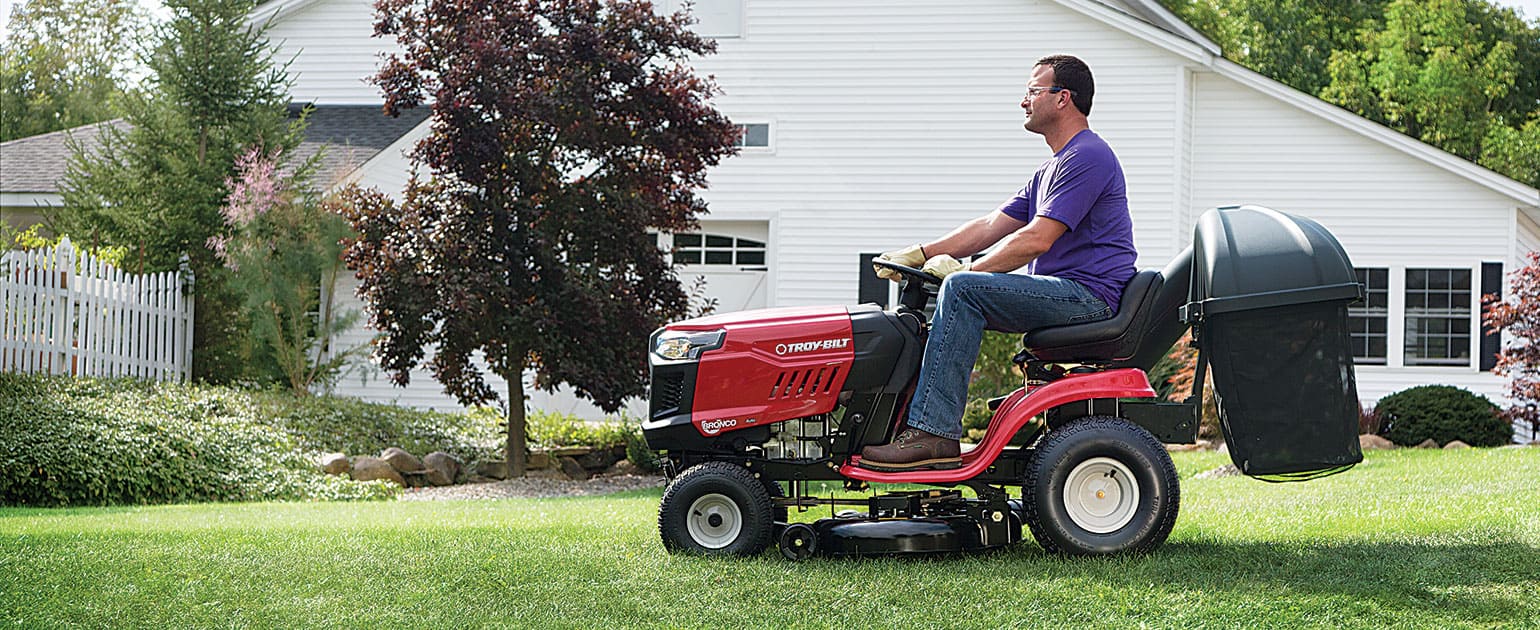 Troy-Bilt riding mower with attached grass catcher